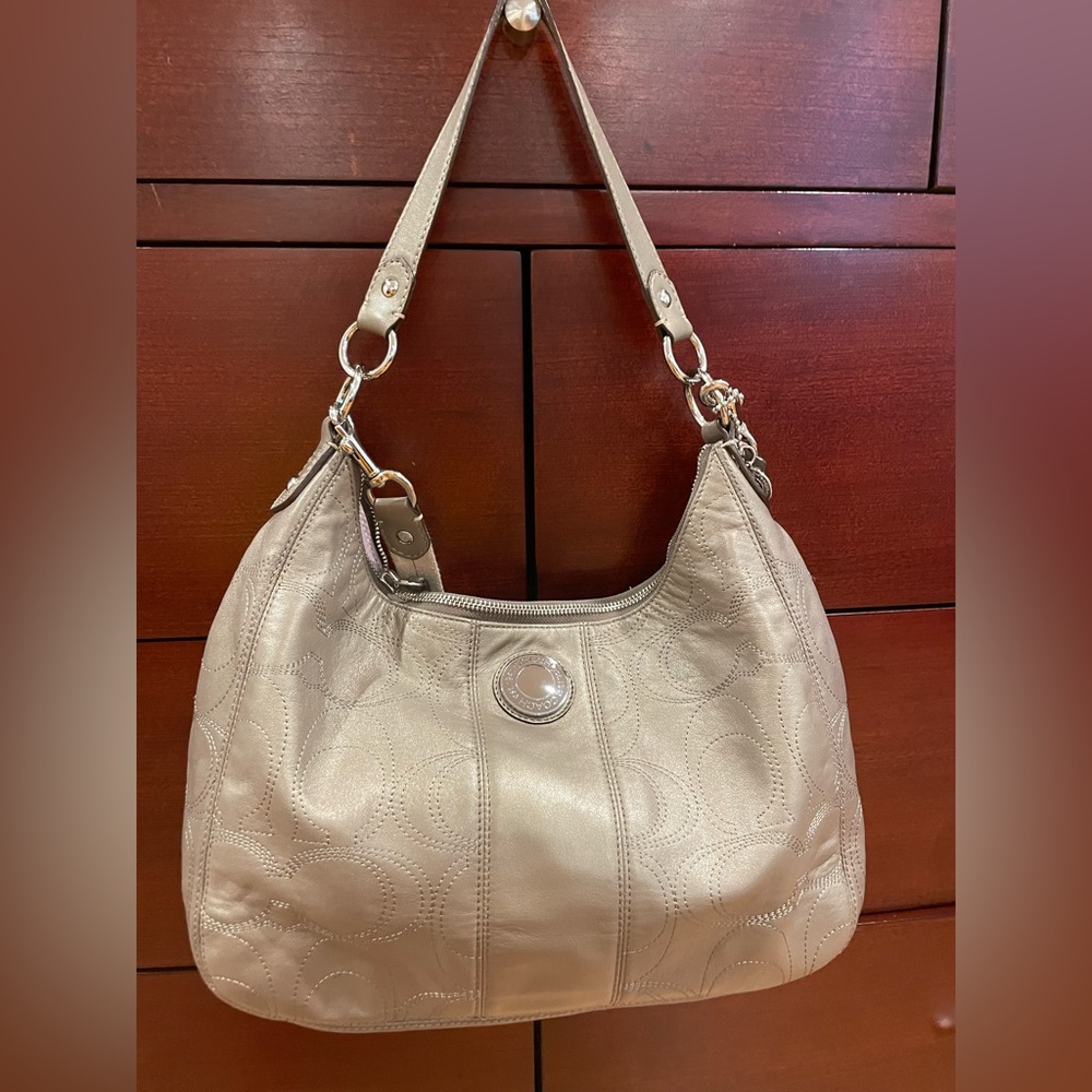 Coach Signature Stitched Purse F19415 Gray Taupe Leather Shoulder Hobo Bag Med